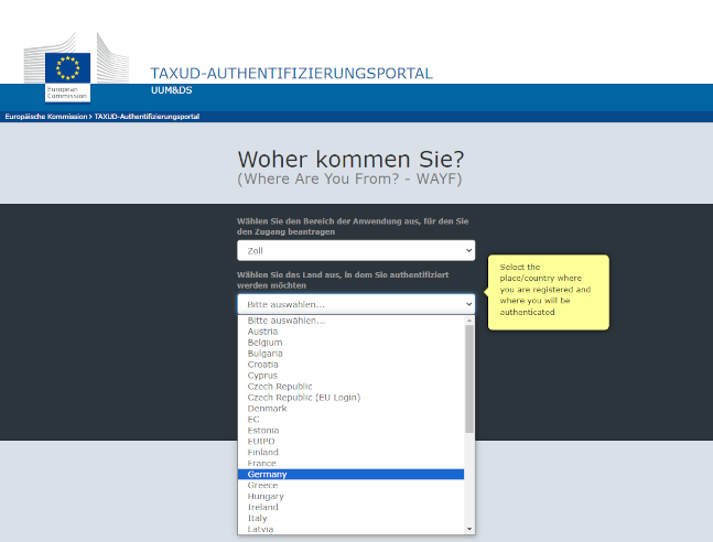 TAXUD-Authentifizierungsportal mit der Länderwahl "Germany" TAXUD-Authentifizierungsportal mit der Länderwahl "Germany"