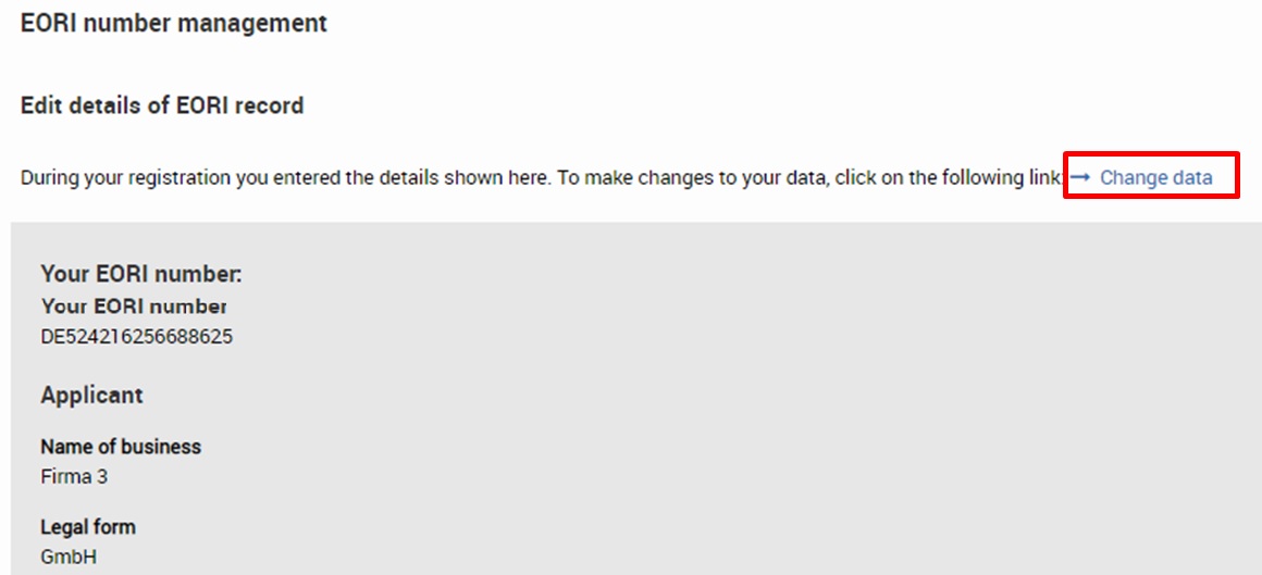 "Edit details of EORI record" in the Customs Portal "Edit details of EORI record" in the Customs Portal