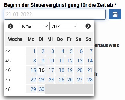 Datumsanzeige für die Einstellung "Beginn der Steuervergünstigung" Datumsanzeige für die Einstellung "Beginn der Steuervergünstigung"