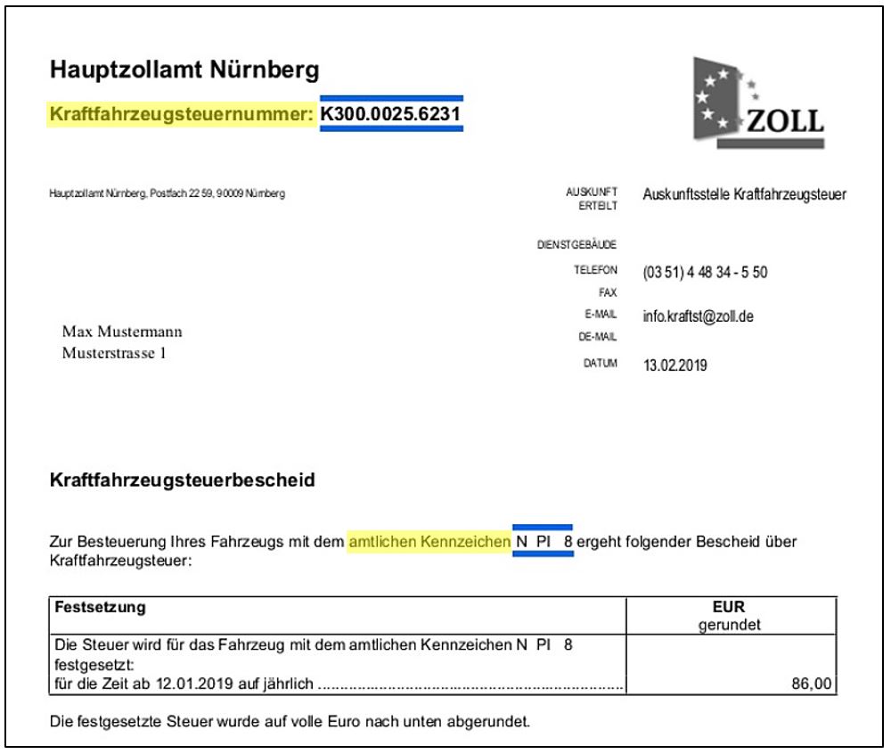 Mustersteuerbescheid: Kraftfahrzeugsteuernummer im Kraftfahrzeugsteuerbescheid ausfindig machen Mustersteuerbescheid: Kraftfahrzeugsteuernummer im Kraftfahrzeugsteuerbescheid ausfindig machen