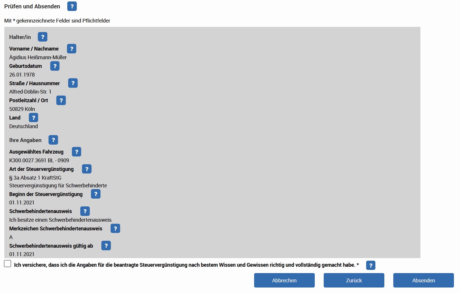 Übersicht der angegebenen Daten Übersicht der angegebenen Daten