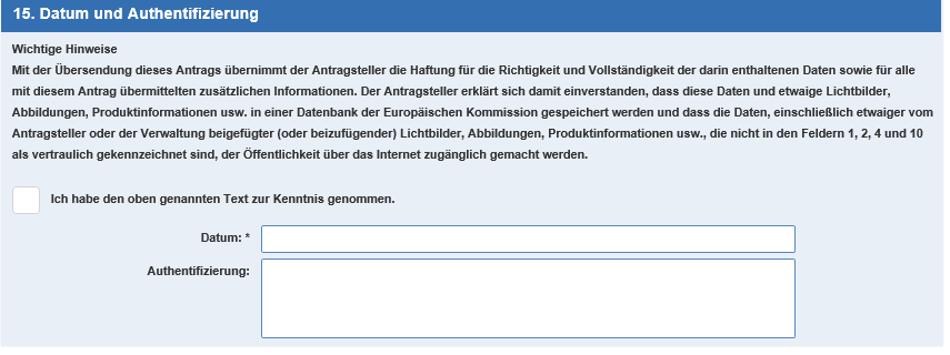 Binding tariff information description of application box number 15: Date and authentication Binding tariff information description of application box number 15: Date and authentication