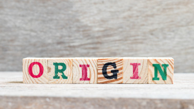 Holzwürfel mit Buchstaben, die das englische Wort Orgin bilden 